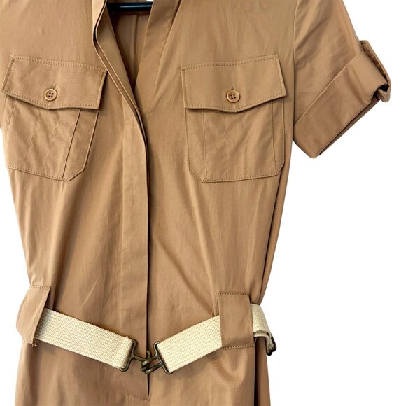 Theory 0 Khaki Military Style Short Sleeve Belted Midi Shirt Dress - Picture 2 of 5